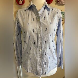 The Shirt by Rochelle Behrens White Button Down Top Blue Love Print Preppy Small